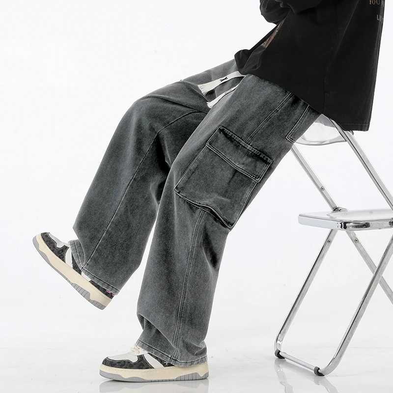 Autumn New Men Cargo Jeans Baggy American High Strt Y2K Multi-pocket Youth Overalls Fashion Strtwear Vintage Wide Leg PantsC250528