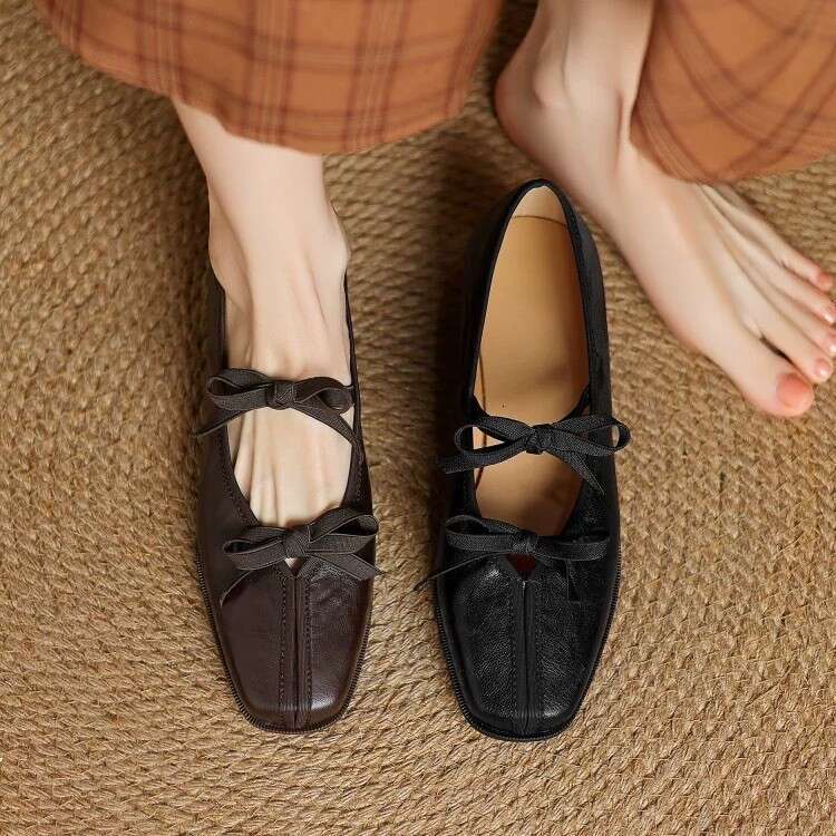 Hot Academy Hot Soft Bow Mary Jane Small Leather Versatile Square Head Flat Single Shoes for Women 2025 New Style