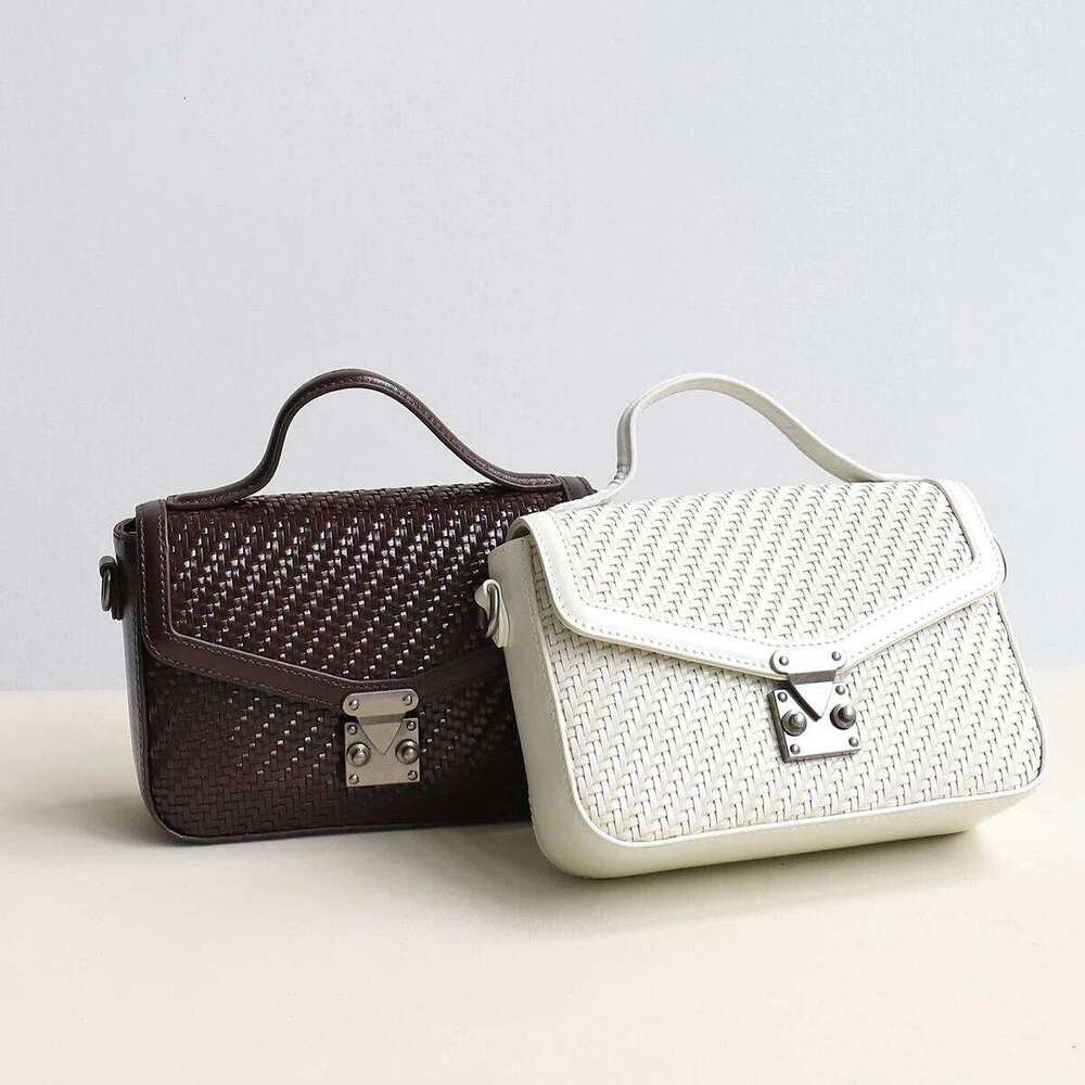 Women Handmade Woven Leather Messenger Bag Vintage Lock Flap Top-Handle Square Purse Small Portable Cross Body Shoulder Handbag