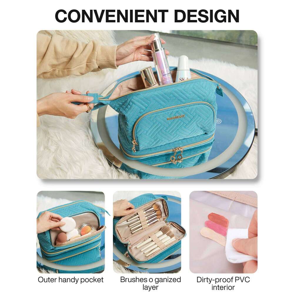 BAGSMART Travel Double Layer Makeup Organizer Bag with Adjustable Dividers Water-resistant Leather Cosmetic Case