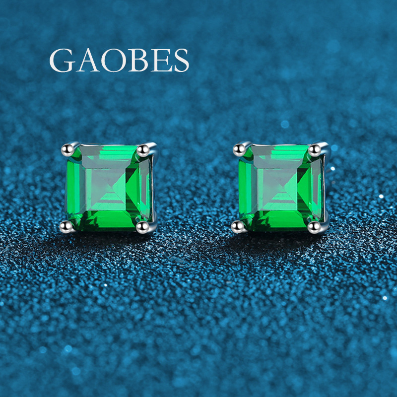 S925 Sterling Silver Minimalist Four-Prong Square Earrings with Green, Blue, Purple, and Pink Gemstones, Elegant and Small Luxury Studs