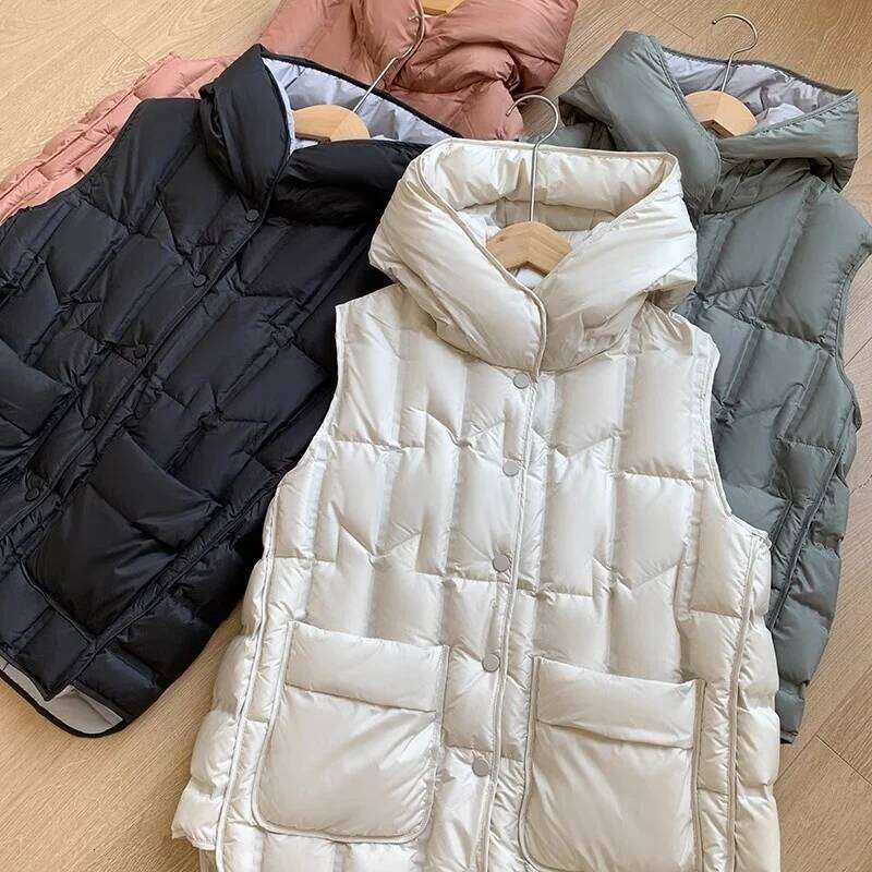 New 90% White Duck Sleeveless Jackets Autumn Winter Female Hooded Ultra Light Down Korean Office Lady vest coat