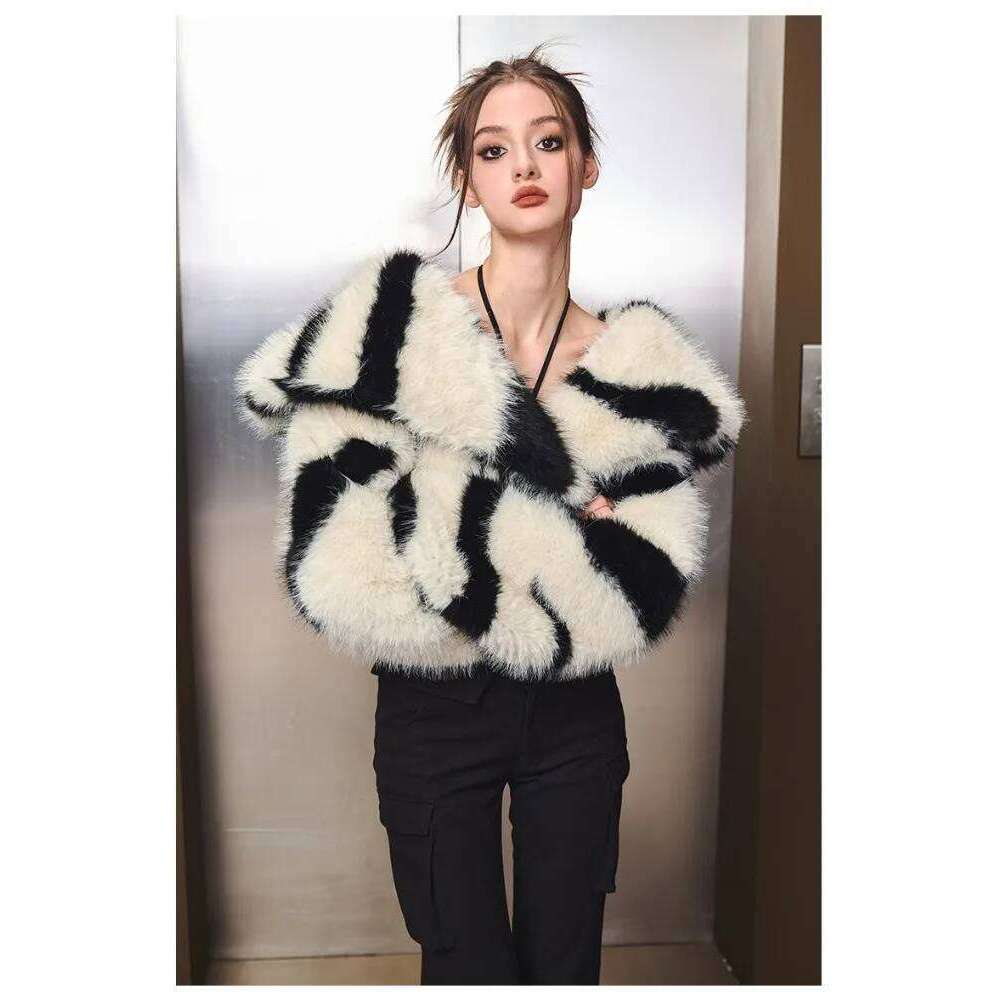 Casual Short Faux for Women Eco-friendly Fur Coat Plush Jacket Turndown Collar Zebra Loose Winter Clothes Korean