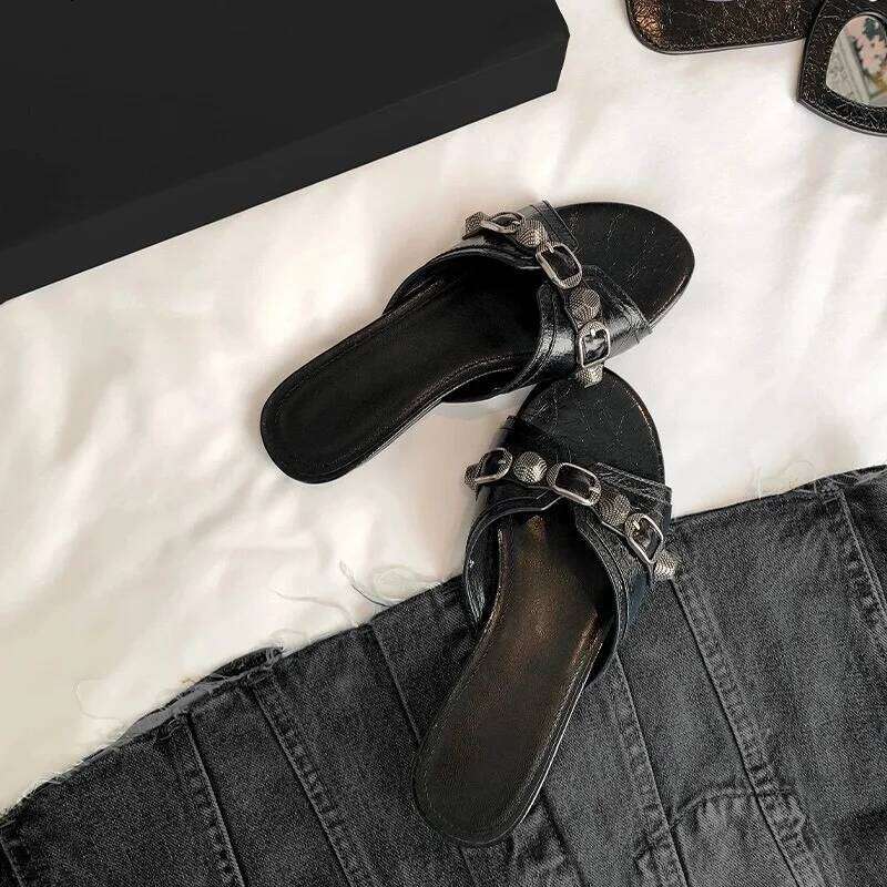 2025 Summer Women's Studded Black Slippers Sexy Spice Punk High Heels Party Shoes