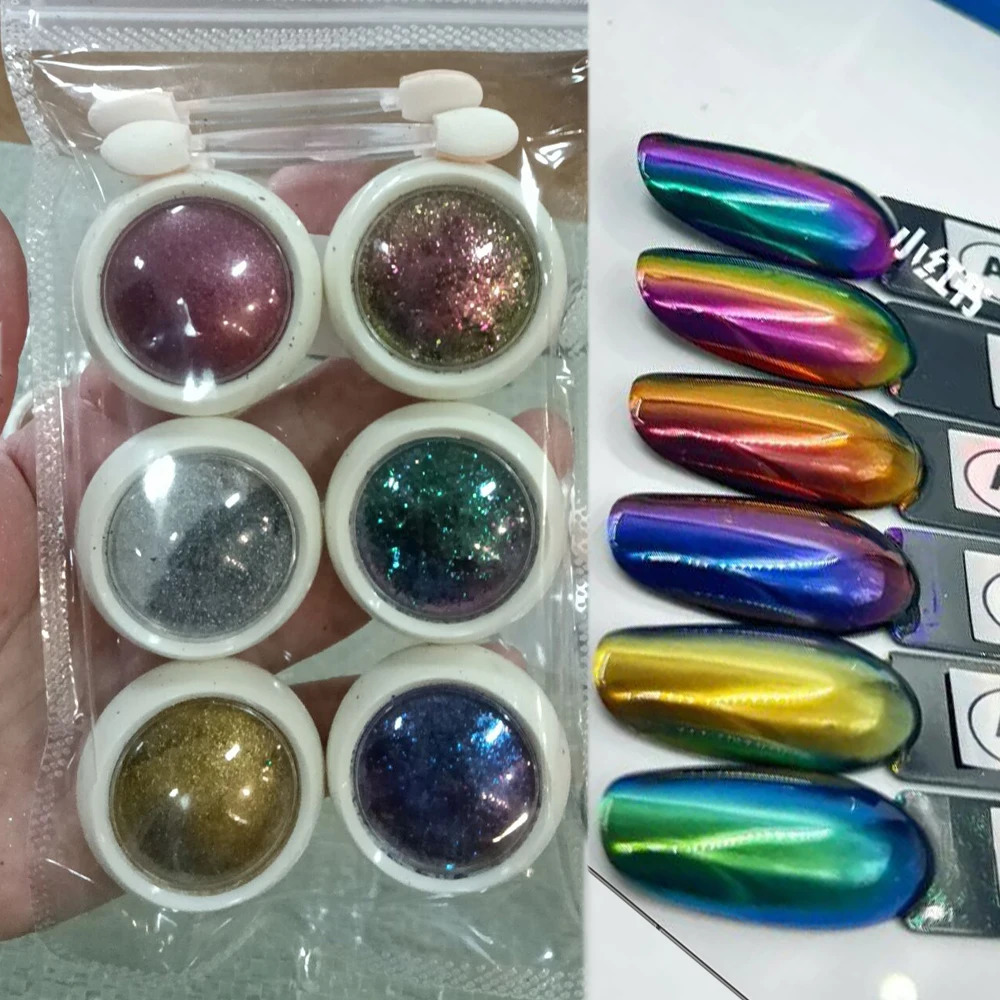 6Jar/Set Chameleon Chrome Nail Powder Set 6Color Iridescent Chameleon Nail Effect Opal Nails Powder DIY Manicure Glitter Powders 250523
