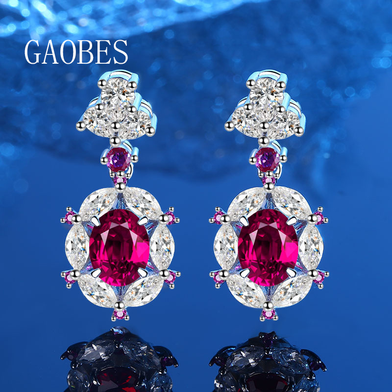 Hot Sale S925 Sterling Silver Simulated Pigeon Blood Ruby 7x9mm Stud Earrings, Long Drop Earrings for Women, Elegant Luxury Jewelry