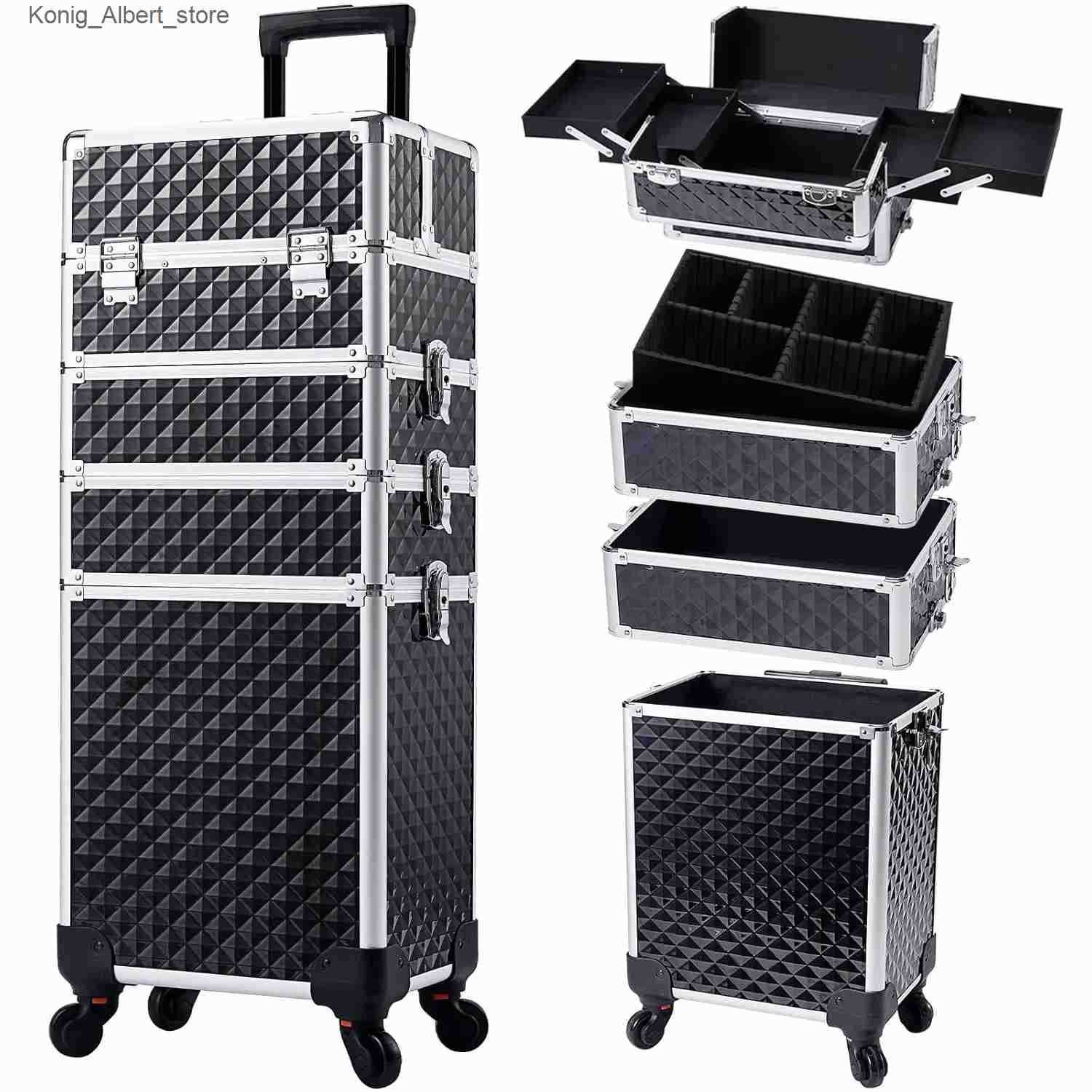 Rolling Makeup Train Case Cosmetic Trolley 4 in 1 Large Capacity Makeup Travel Case with Key Wheels Salon Barber Case Traveling z25028