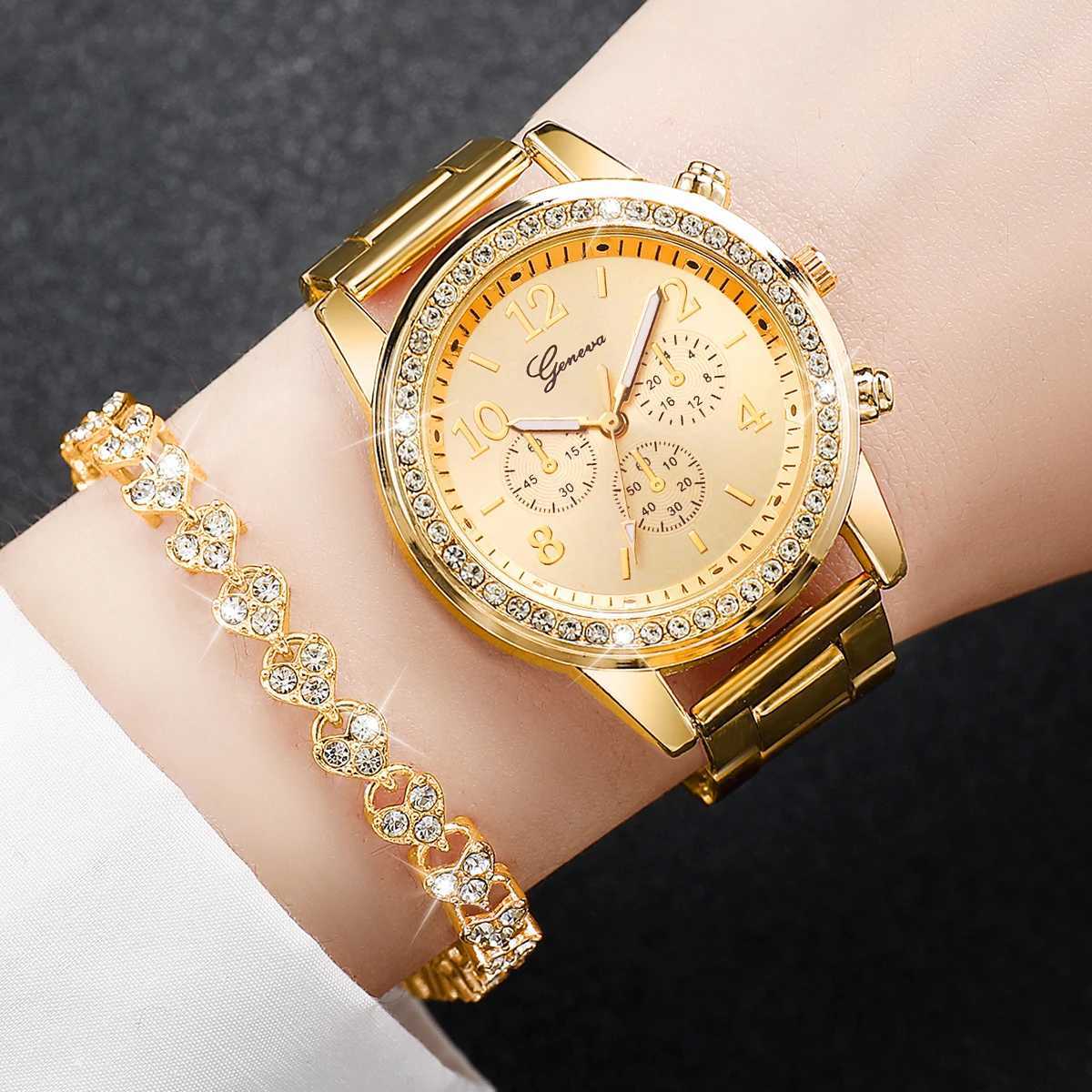 Fashion Women Stainless Steel Gold Color Quartz Watch Diamond Bracelet XJ250527