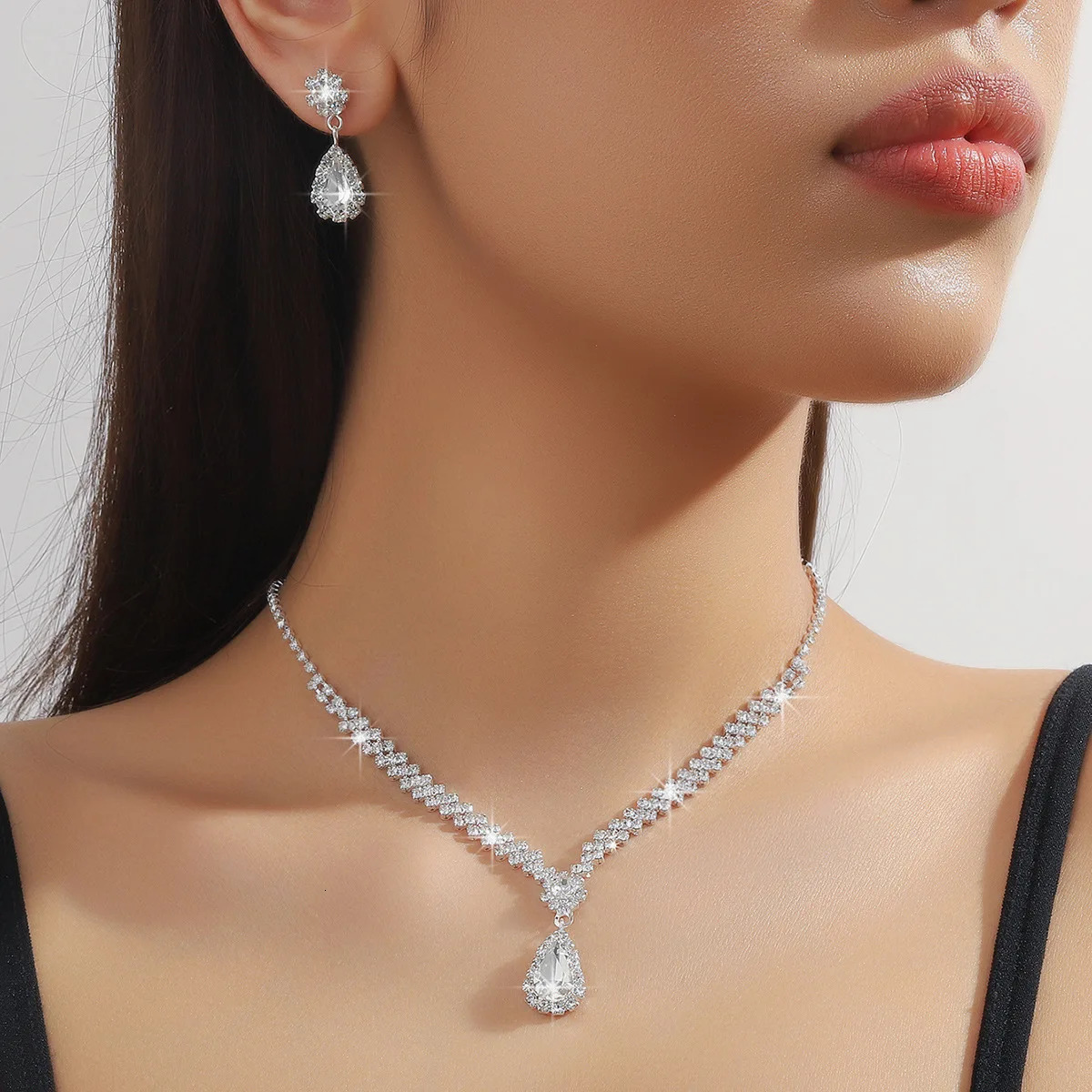 BLIJERY Classic Waterdrop Style Jewelry Sets for Women Blue Crystal Necklace Earrings Bridal Wedding Party Birthday Jewelry Sets 250527