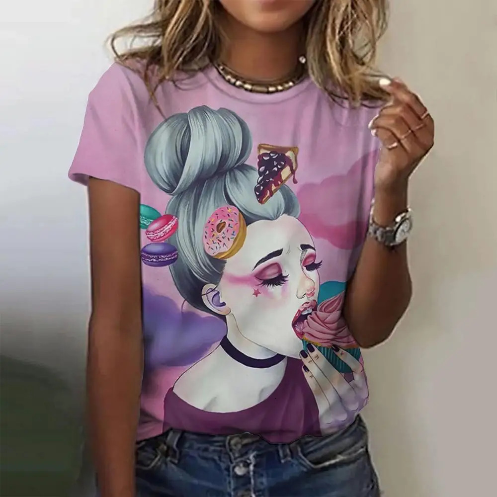 Womens TShirts Cartoon Characters Print TShirt Harajuku Vintage Short Sleeved Tees O Neck Funny Top Oversized Female Clothing 250517