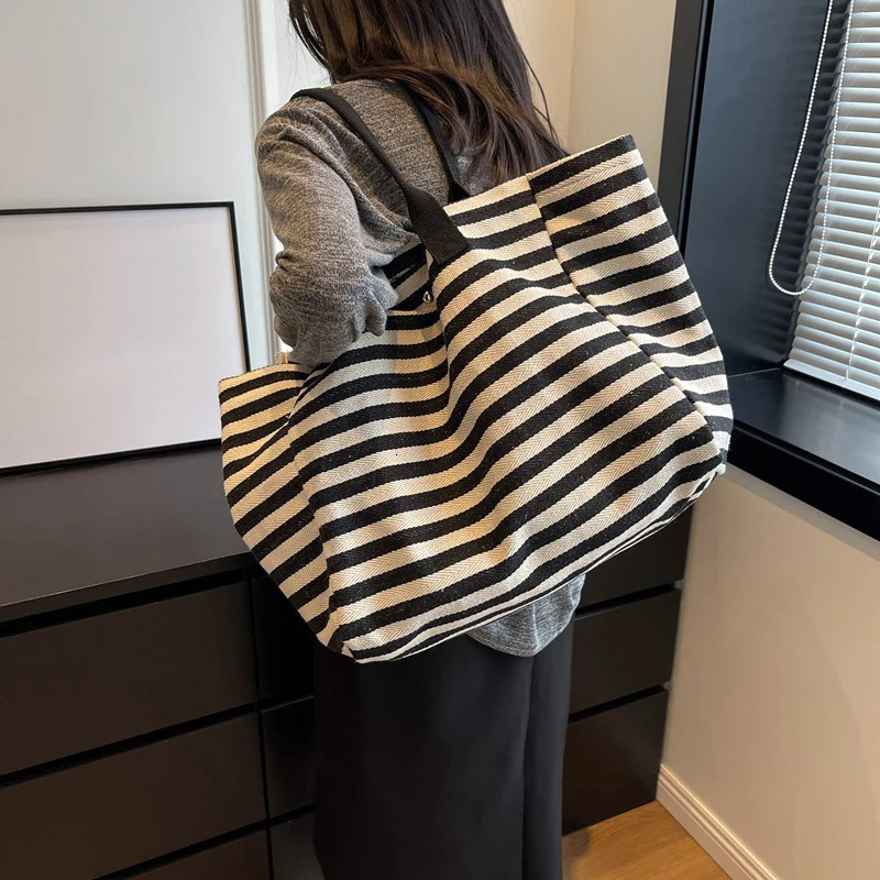 Women Canvas Shoulder Bag Ladies Shopping Bags High Quality Handbags Simple Stripe Tote Books Bag For Girls 250526