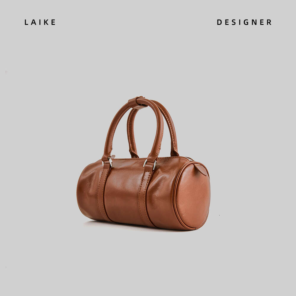 New Genuine Leather Women's High-end First Layer Cowhide Round Barrel Pillow Niche Simple Boston Shoulder Crossbody Bag