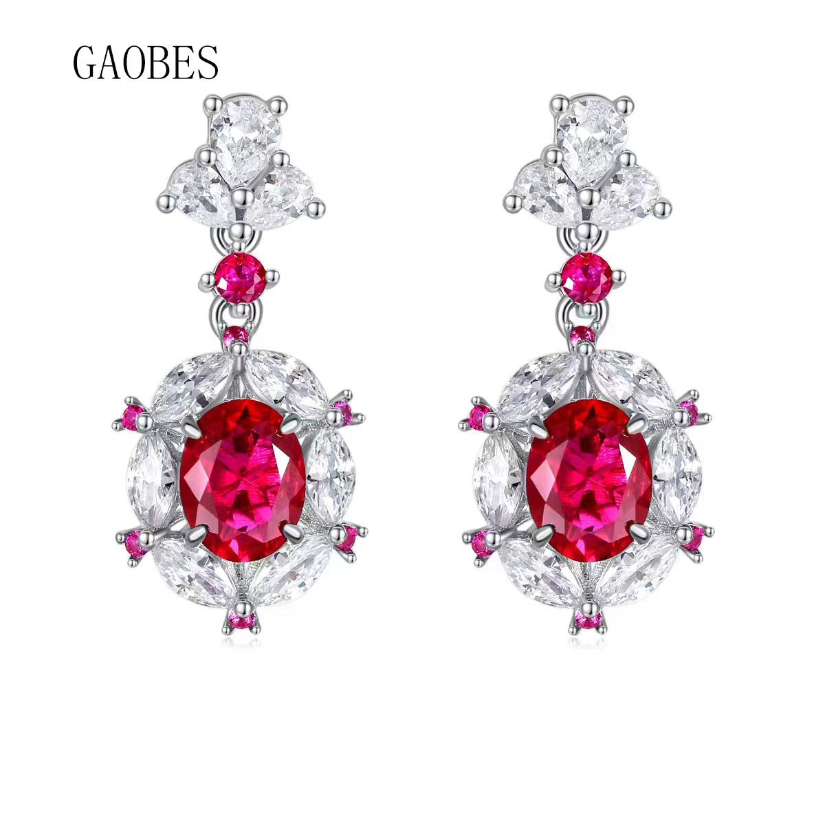 Hot Sale S925 Sterling Silver Simulated Pigeon Blood Ruby 7x9mm Stud Earrings, Long Drop Earrings for Women, Elegant Luxury Jewelry