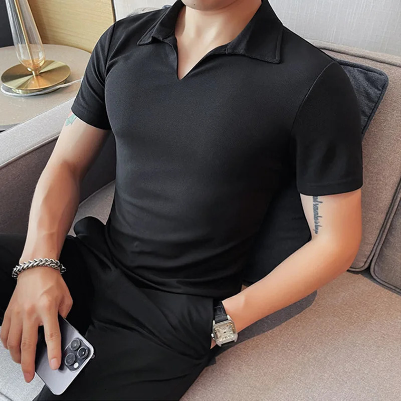 Summer Mens Clothing Jacquard Knit V Neck Short Sleeve Polo Shirt Leisure Breathable Fashion High Quality Knitwear S-3XL 250527