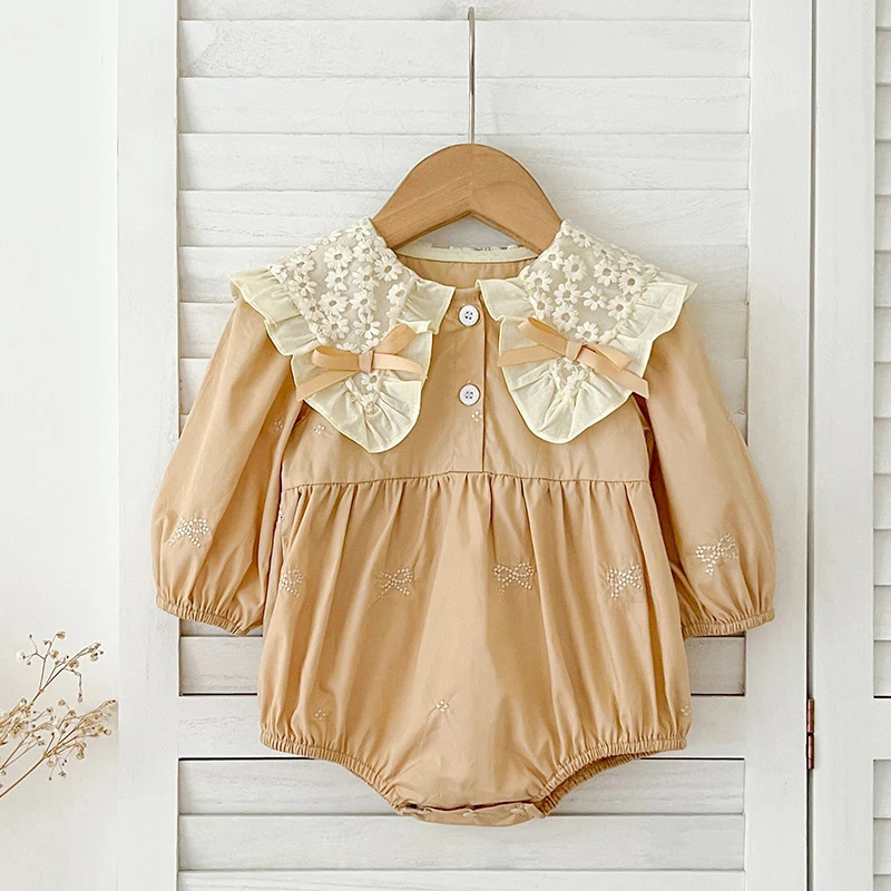 Family Sister Dress Embroidered Bow Outfits born Girls Bodysuits Cotton Lace Collar Infant Baby Jumpsuit Outfits 250528