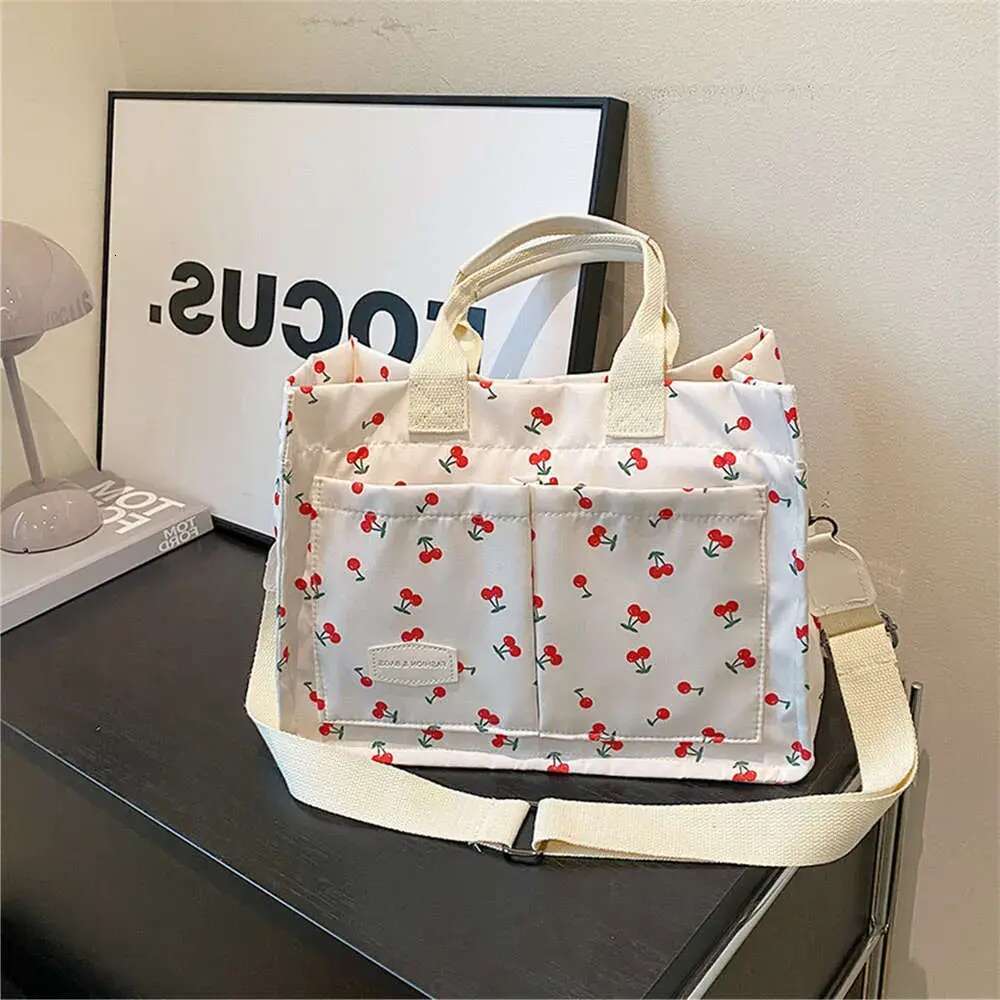 Cherry Tote Women Canvas Patched Purse Cute Shoulder Bag Multi-Pocket Satchel Handbag For Work Travel New 2024