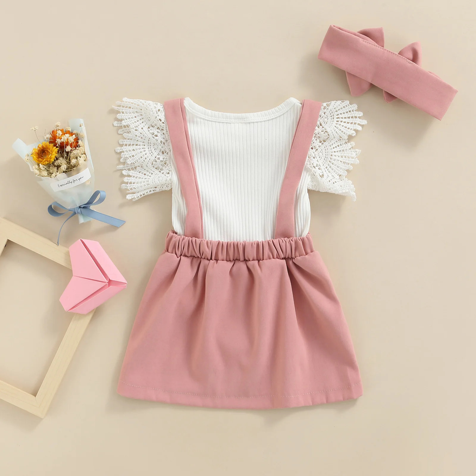 Citgeett Summer Infant Baby Girls Outfit Sets White Flying Sleeve Ribbed Romper Solid Suspender Skirt Headband Clothes 250528