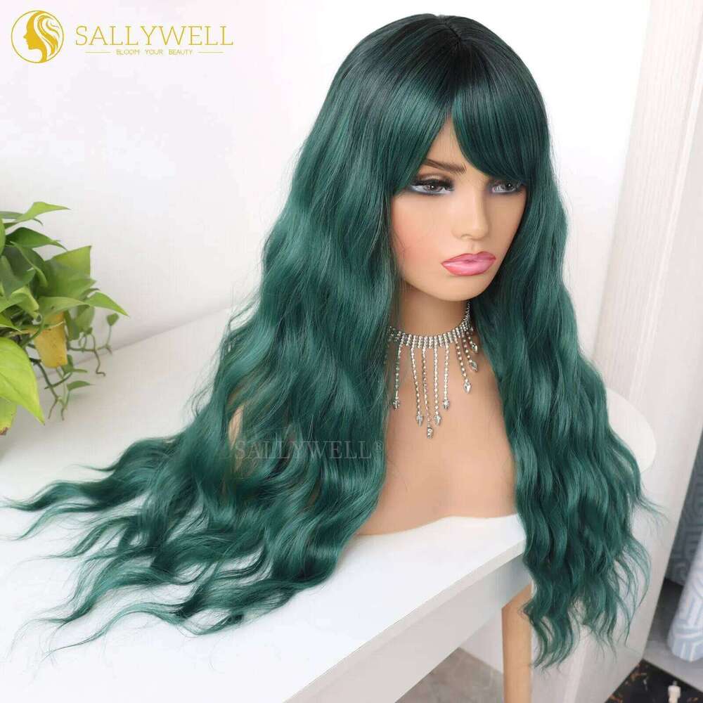Long Wavy With Bangs Heat Resistant Synthetic Fiber Ombre Green Dark Roots Loose Curly Wave Wig