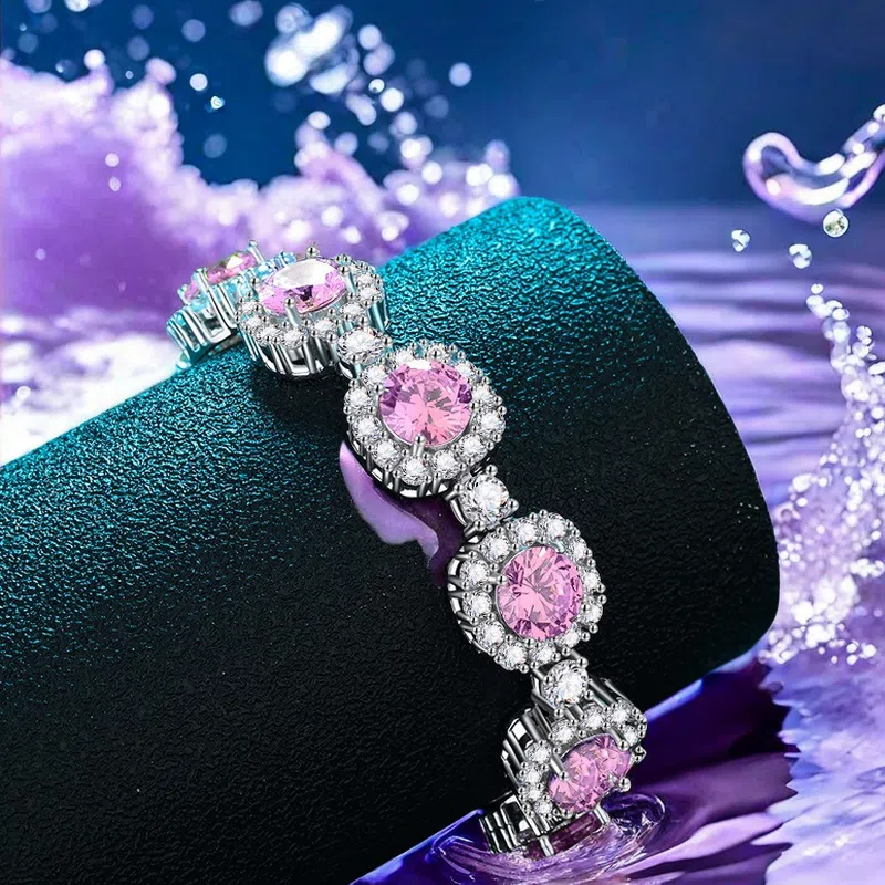 S925 sterling silver 3CT*7 high carbon pink diamond women's bracelet, luxurious inlay, exquisite and fashionable, princess-style bracelet, cross-