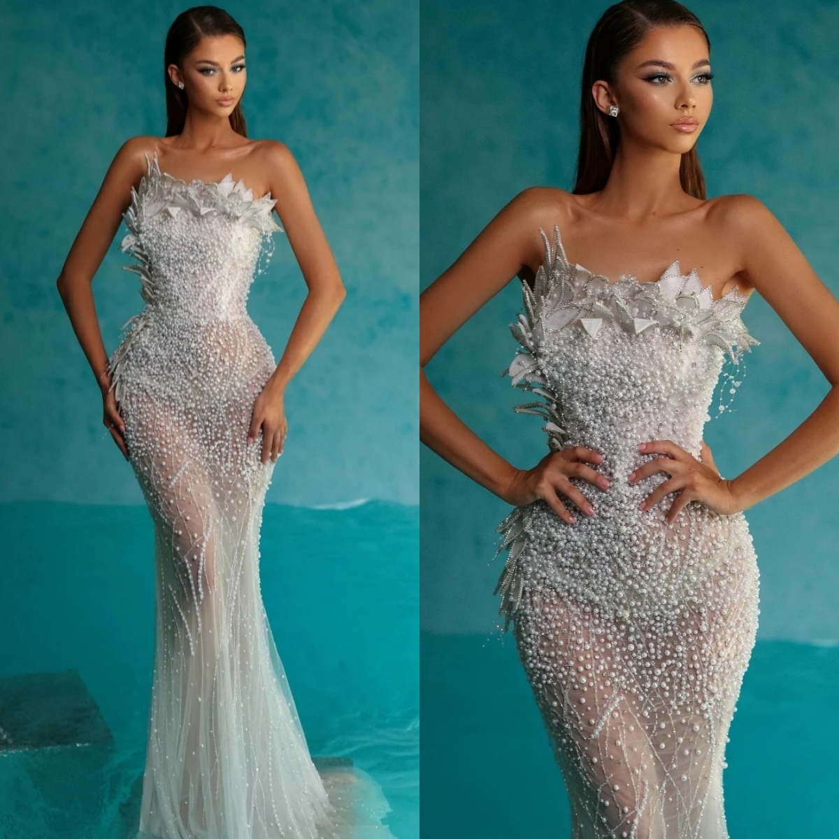 Illusion Sleeveless Wedding Dresses Sexy Pearls Strapless Wedding Dress Floor Length Beaded Customized Bridal Gowns