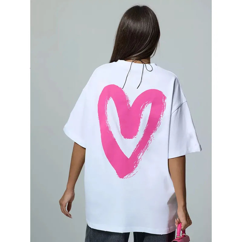 Summer Fashion American Distressed Pure Cotton TShirt Love Printing Pullover Casual Loose Oneck Short Sleeve Tops 250517