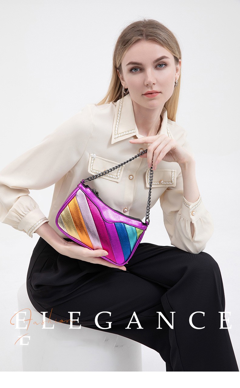 Women's Color Blocking Splicing Wide Chain Crossbody Bag Ladies PU Rainbow Handbag Ins Niche Design Adult Girls Shoulder Bag