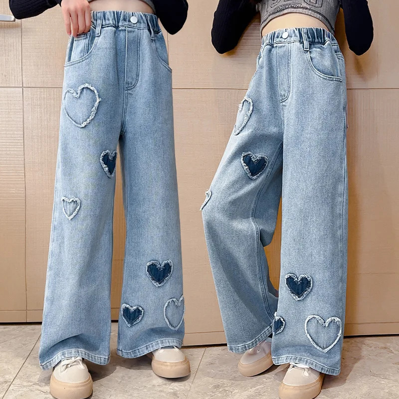 Spring Autumn Girls Love Rough Edges Jean Korean Version Style Kids Middle Waist Cowboy Pants Elastic Long 250528