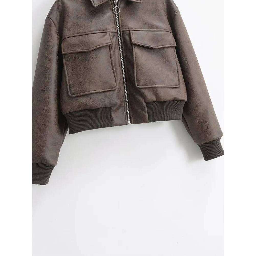 Autumn and Winter New Lapel Pocket Decoration Loose Faux Leather Bomber Jacket Short Coat Women
