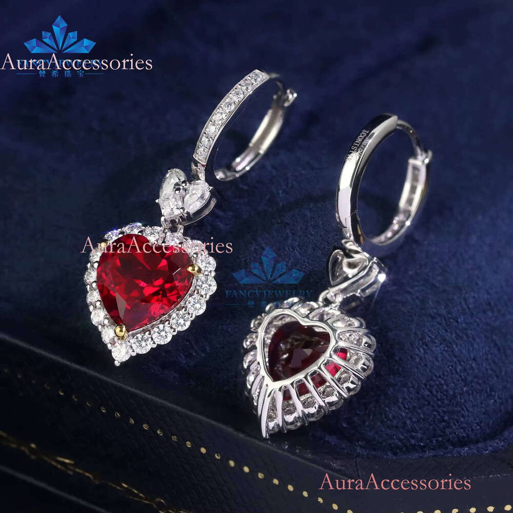 Fine Jewelry Real White Gold Heart Shape Drop Earrings with 8x8mm Ruby for Weddings