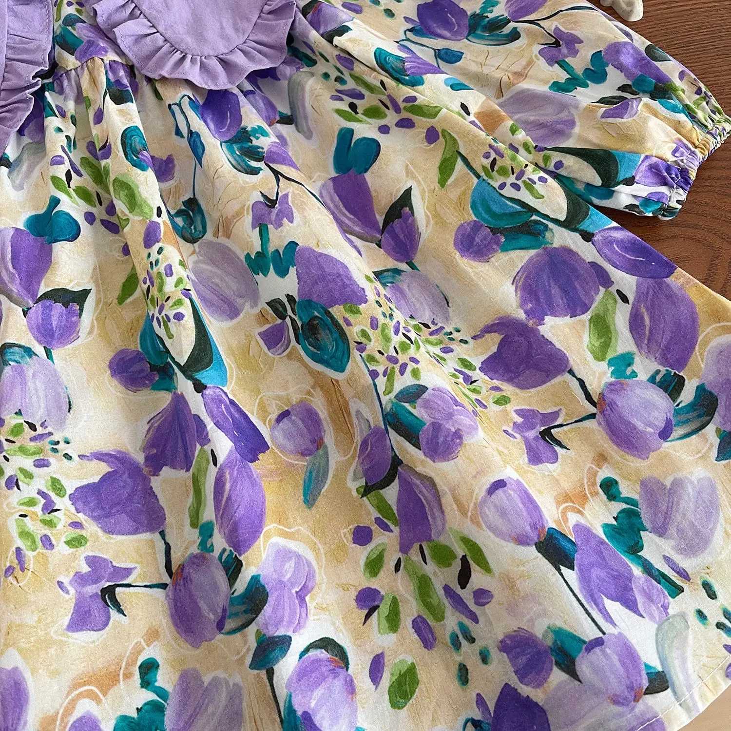 Girls Casual Dresses Purple Flower Print Lace Lapel Puff Sleeves and Long Sleeves Flower Party Dress for Kids Girl 2 To 7 Years X250528