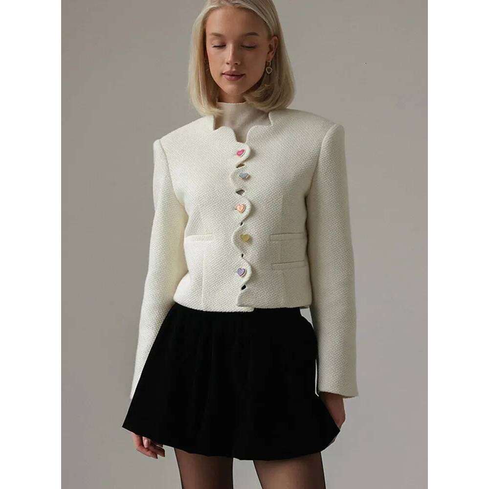 Chic Colorful Buttons Jacket For Women Fashion Solid Irregular Collar Long Sleeve Loose Coat Lady Fall Causal Commuter Wear