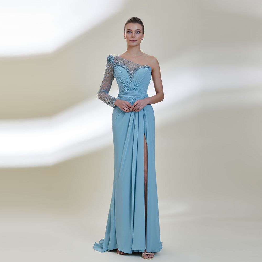 Fabulous One-Shoulder Evening Dresses Beading Pearls Split Show Figure Sexy Prom Dresses Illusion Floor-Length Party Gown
