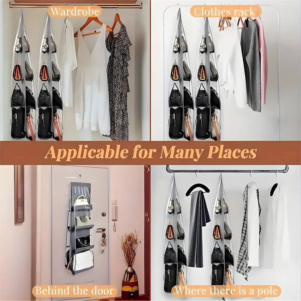 1pc 6/8 Grids Purse or Handbag Hanging Closet Organizers Clothes and Bra Transparent Hanger Storage On Wall Towel Locker Shelf 250526