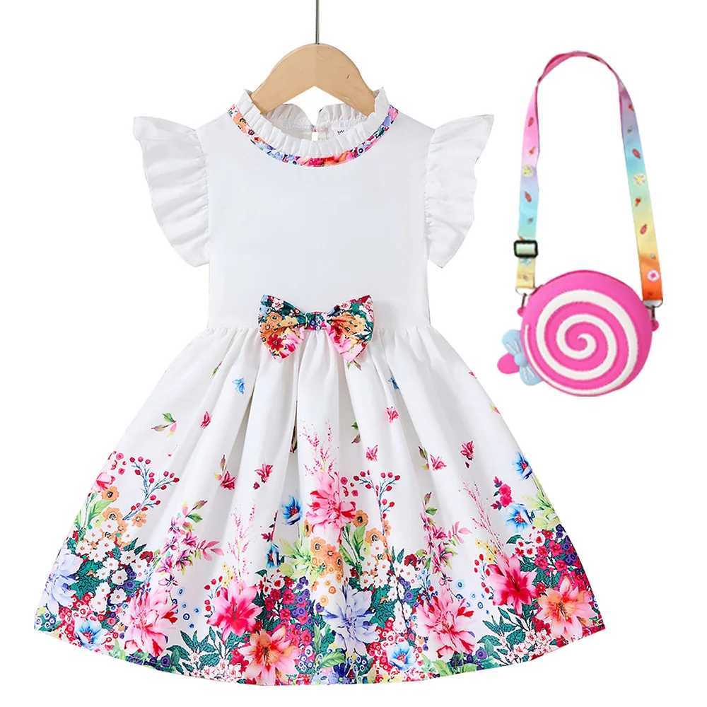 New Kids Girl Dress Summer Floral with Bow Fashion White Dresses Short Sleeve Children Clothing Outfits Casual Printed Dresses X250528