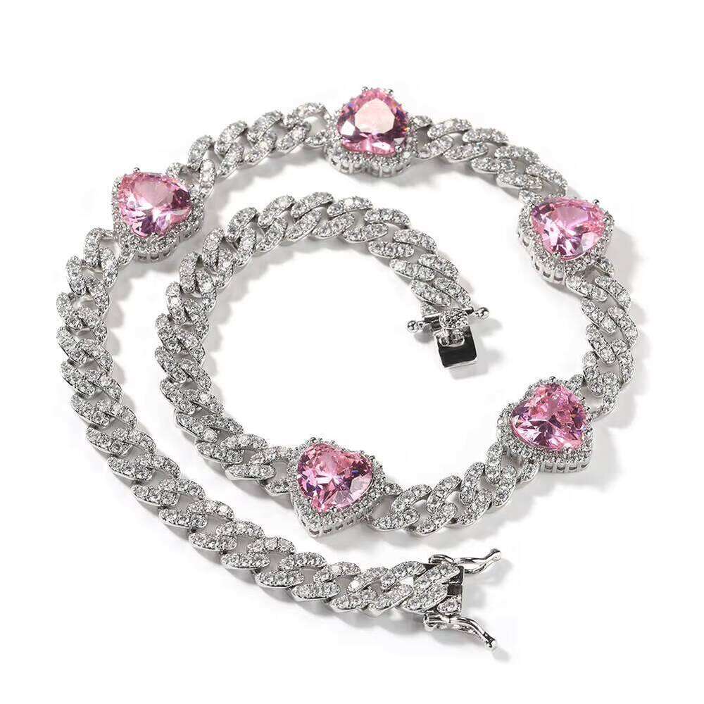 DHCollections Heart Pink Stone Cuban Chain Necklace and Bracelet Set Gold Iced Out HipHop Jewelry for Women