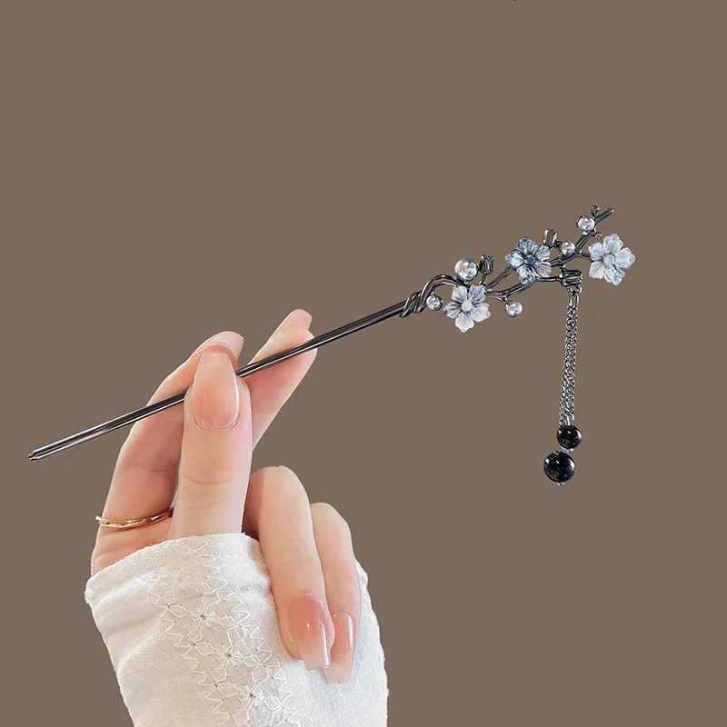 Modern Hair Stick Ink Flower Metal Tassel Hairpin Forks For Women Black Beads Fringe Clasp Chinese Hanfu Jewelry 250519