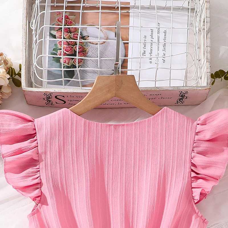Kids Dresses for Girls 8-12 Years Pink Small Flying Sleeves V-Neck Dress 2024 New Summer Teenager Sweet Casual Daily Dress X250528
