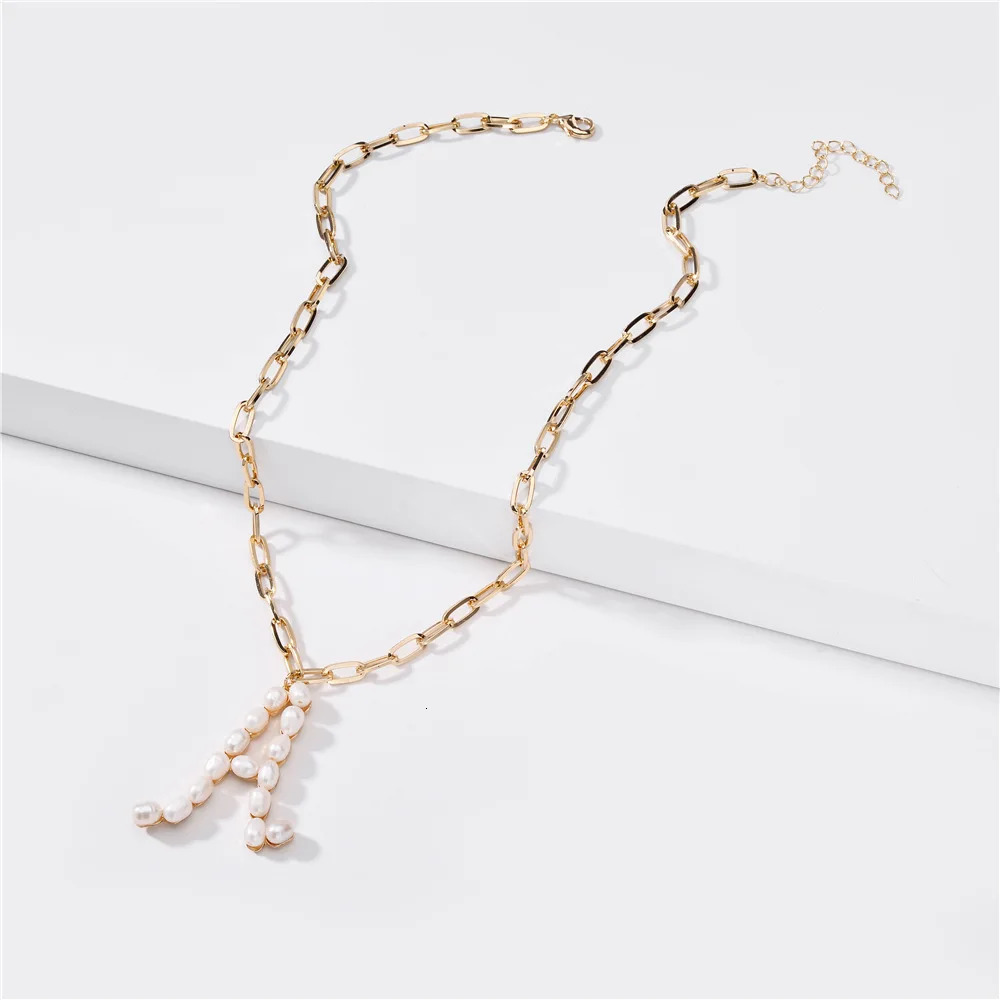 F.I.N.S INS Style Freshwater Pearl Big Initial Alphabet Pendants for Women Curb Thick Long Chain Link Necklace Women 250520