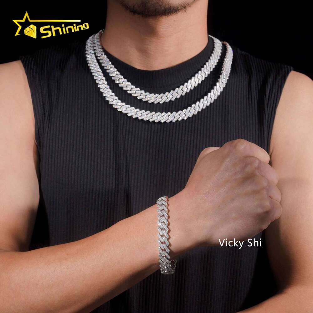 Hot Selling Hip Hop Men Necklace GRA Solid Sier 13mm Two Rows Iced Out VVS1 Moissanite Cuban Link Chain