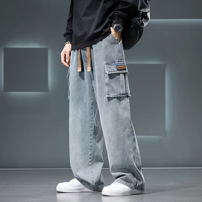 Autumn Wide Leg Washing Jean Pants Men Trousers Neutral Solid Color Loose Casual Fashion Pocket Cargo Pants Big Size 8xl 250526