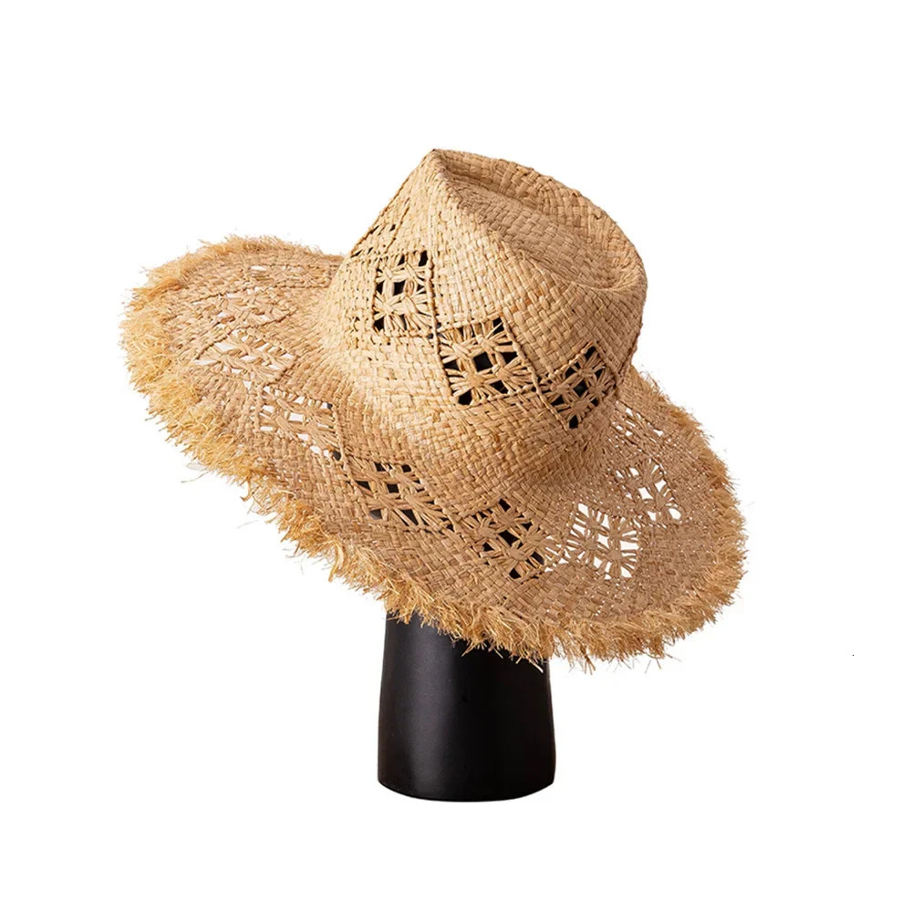 Summer Fashion Sun Hat Casual Hollow Hand Woven Raffia Jazz Sunhat Grinding Burr Edge Outdoor Sunshade Panama Straw Fedora Hat 250526