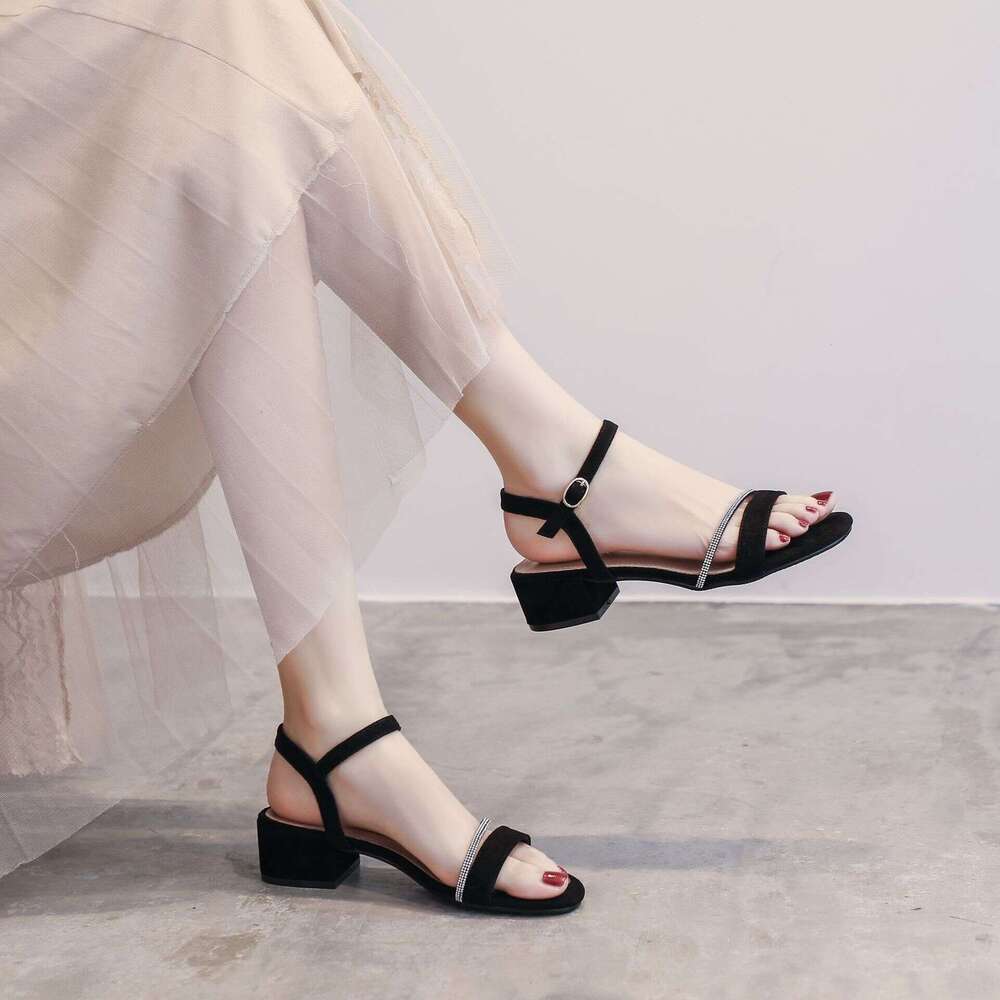 Chunky Heel Sandals for Women Summer 2025 New Elegant Fashion One-Strap Rhinestone Fairy Style Versatile with Skirts Shoes