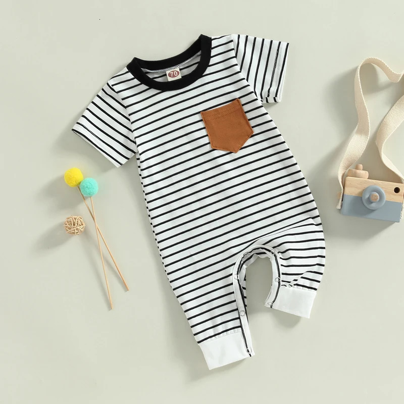 -02-22 Lioraitiin 0-18M born Baby Boys Summer Jumpsuit Round Neck Contrast Color Short Sleeve Striped Romper 250528