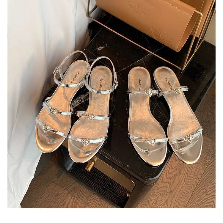 Instant Dispatch Grape Mom Style Shoes Round Toe Double Strap Heart Diamond Buckle Chunky Heel Flat Sandals for Women Summer