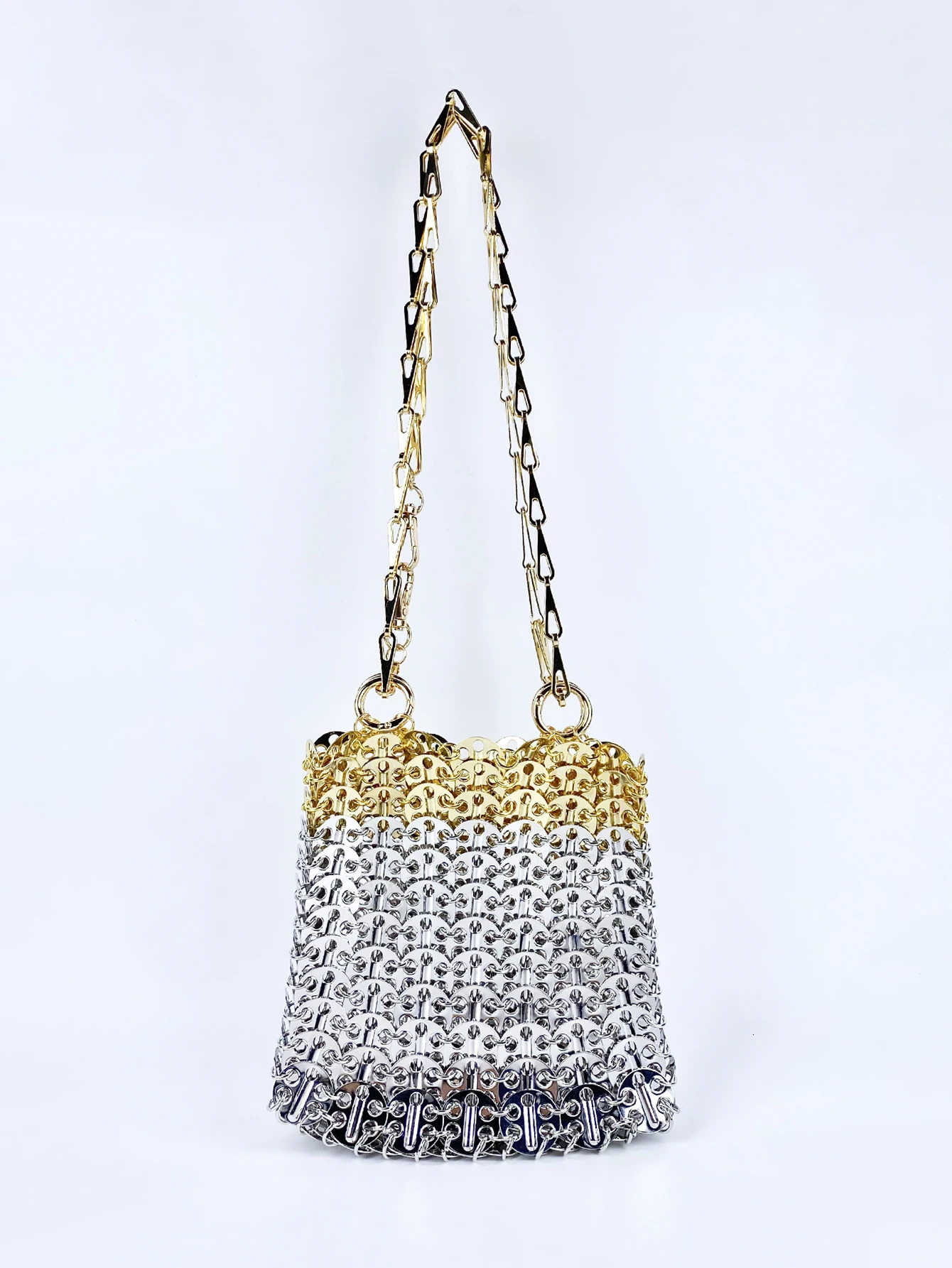 Niche aluminum handmade bag with gold and silver color matching metal chain sequin bag trendy underarm bag 250526