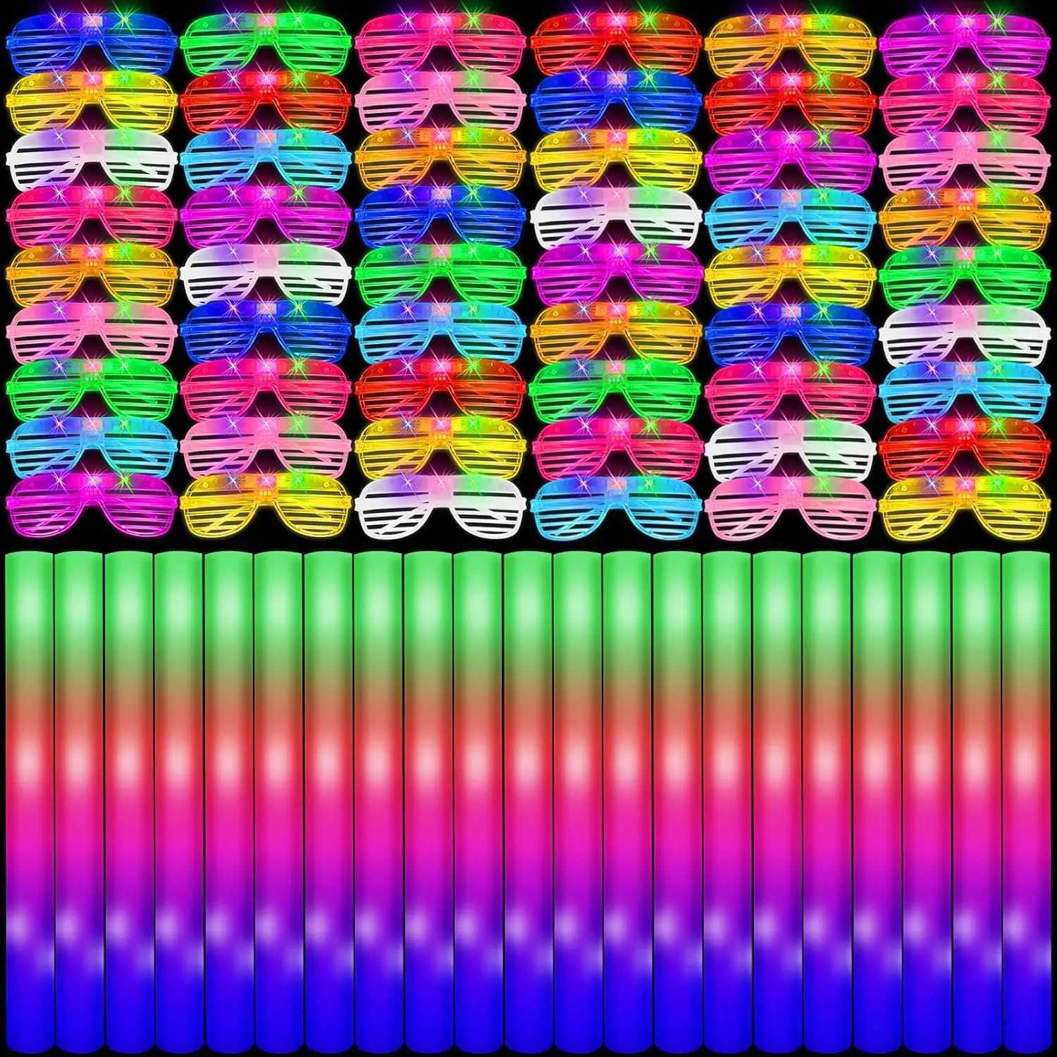 60-Pack LED Glow Party Set Glasses Foam Sticks Neon Favors for Disco Wedding Birthday Raves W250528