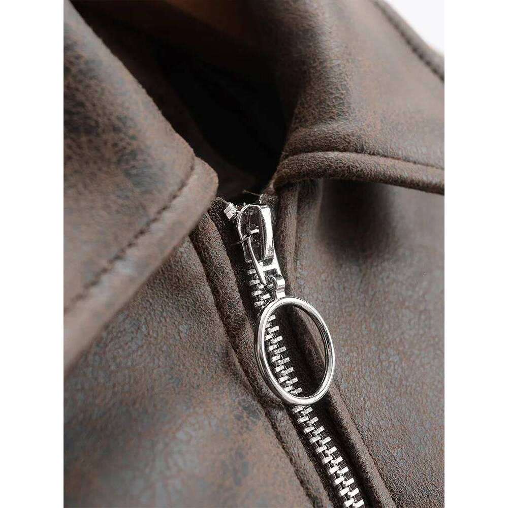 Autumn and Winter New Lapel Pocket Decoration Loose Faux Leather Bomber Jacket Short Coat Women