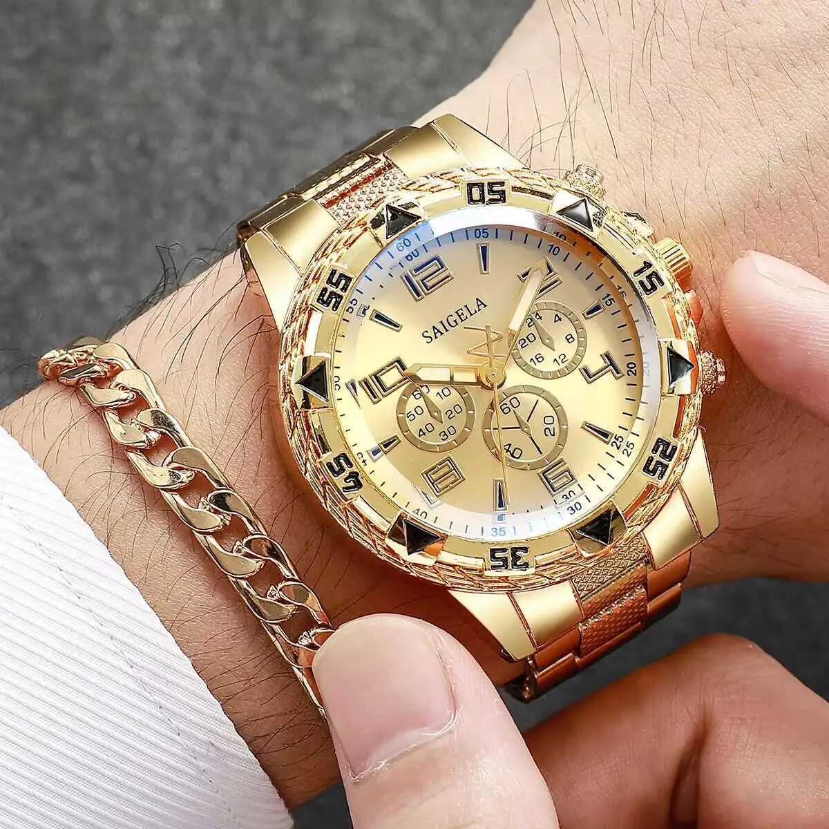 3PCS/Set Fashion Mens Quartz Watch Luxury Large Dial Men Business Watches Necklace Bracelet Set Reloj HombreWithout Box XJ250527