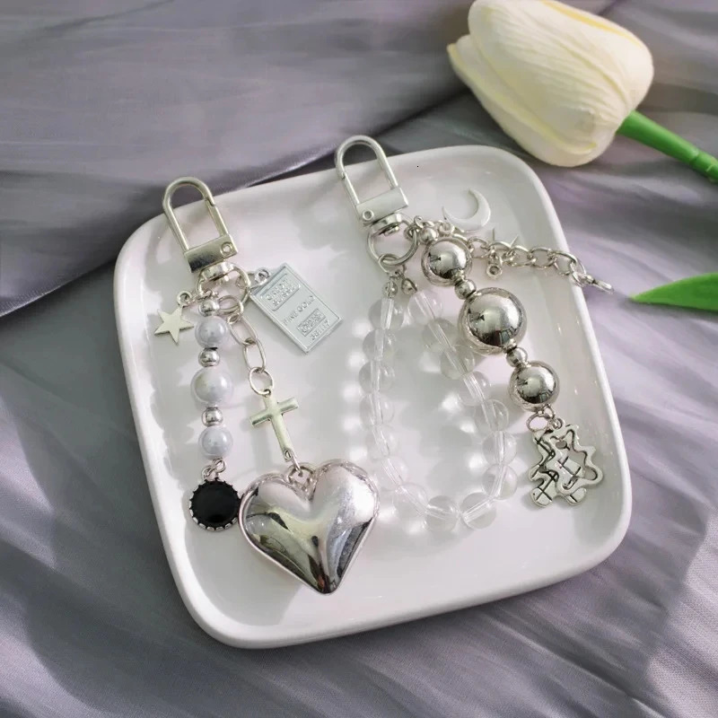 Fashion Handmade Beaded Pearl Keychain Pendant Mobile Phone Key Chains Heart Love Decorations Headphone Jewelry Accessories Gift 250527