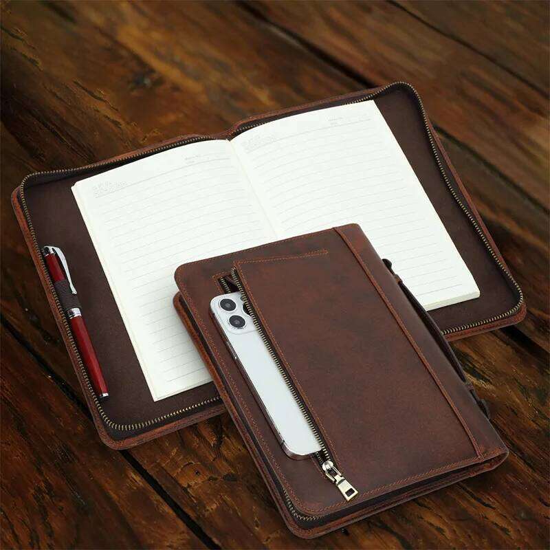 Handmade Genuine Leather A5 Laptop Notebook Cover Wrist Zipper with Pen Slot Business Stationery School Office Supplies